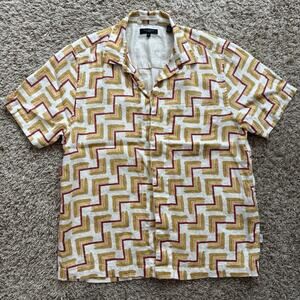 Ted Baker Brecon Retro Geometric-Print Linen Shirt Camp Collar Men’s Size 3 / L
